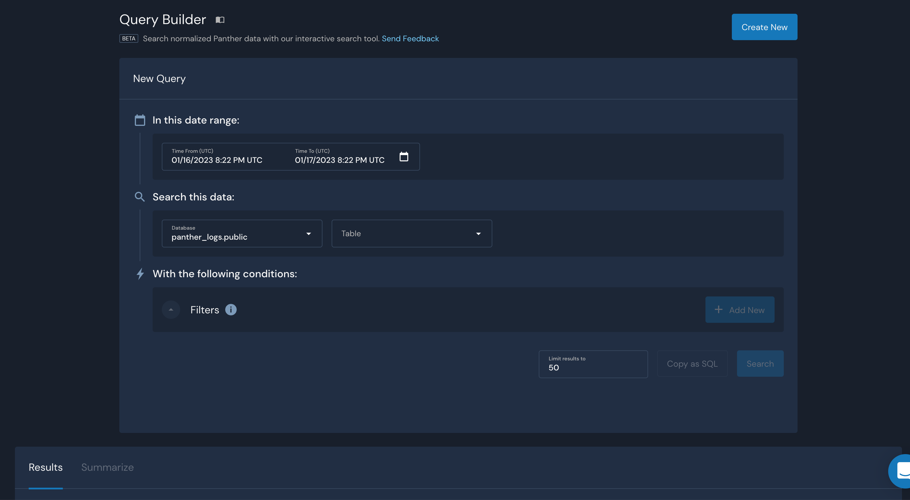 The Query Builder in Panther has selectors for date range, searching, and filters.