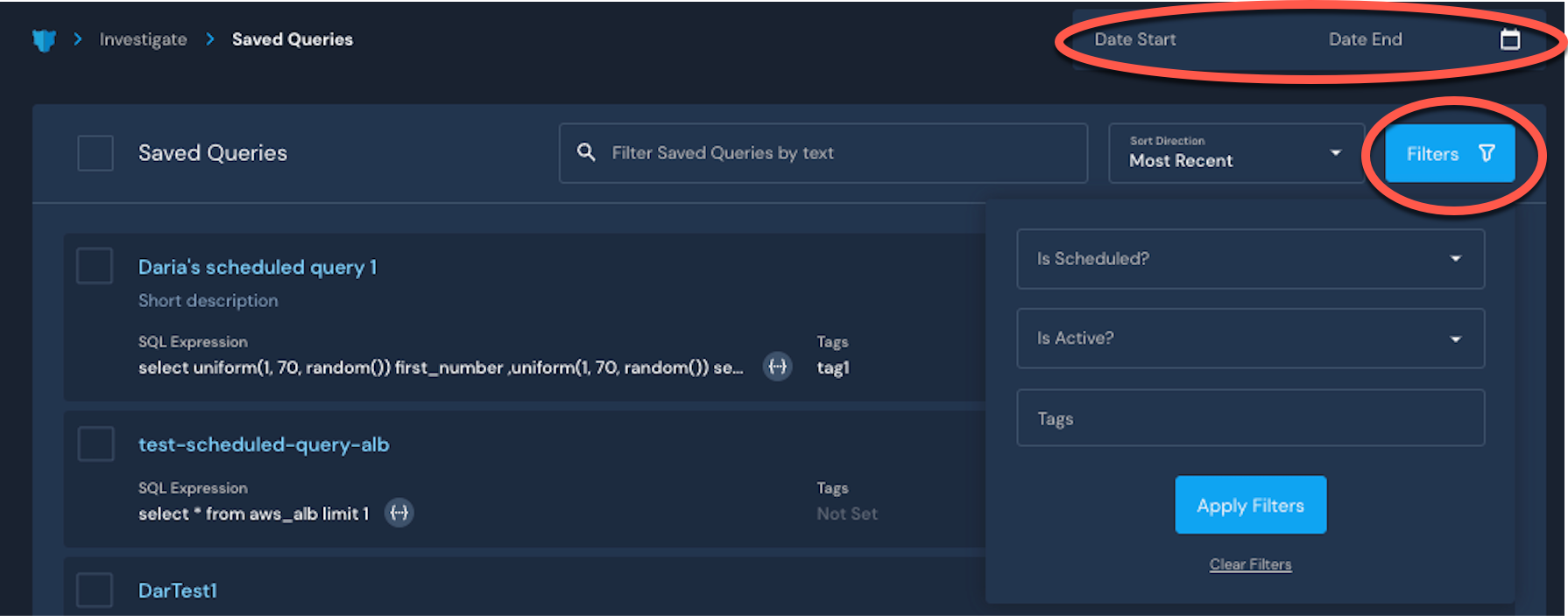in the Saved Queries list, use the date range or filters in the upper right corner to search for queries. In the image, the date range selector is circled and the Filters button is circled.