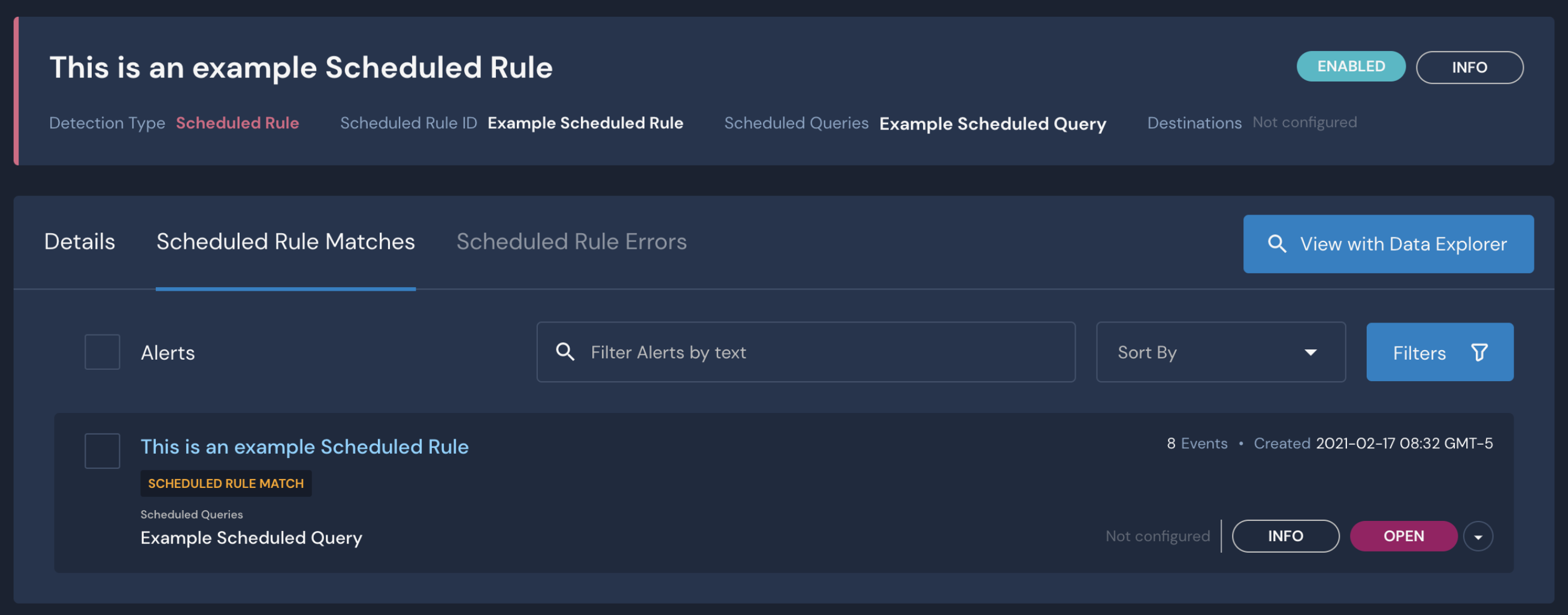 The Scheduled Rule detail page shows a scheduled rule match.