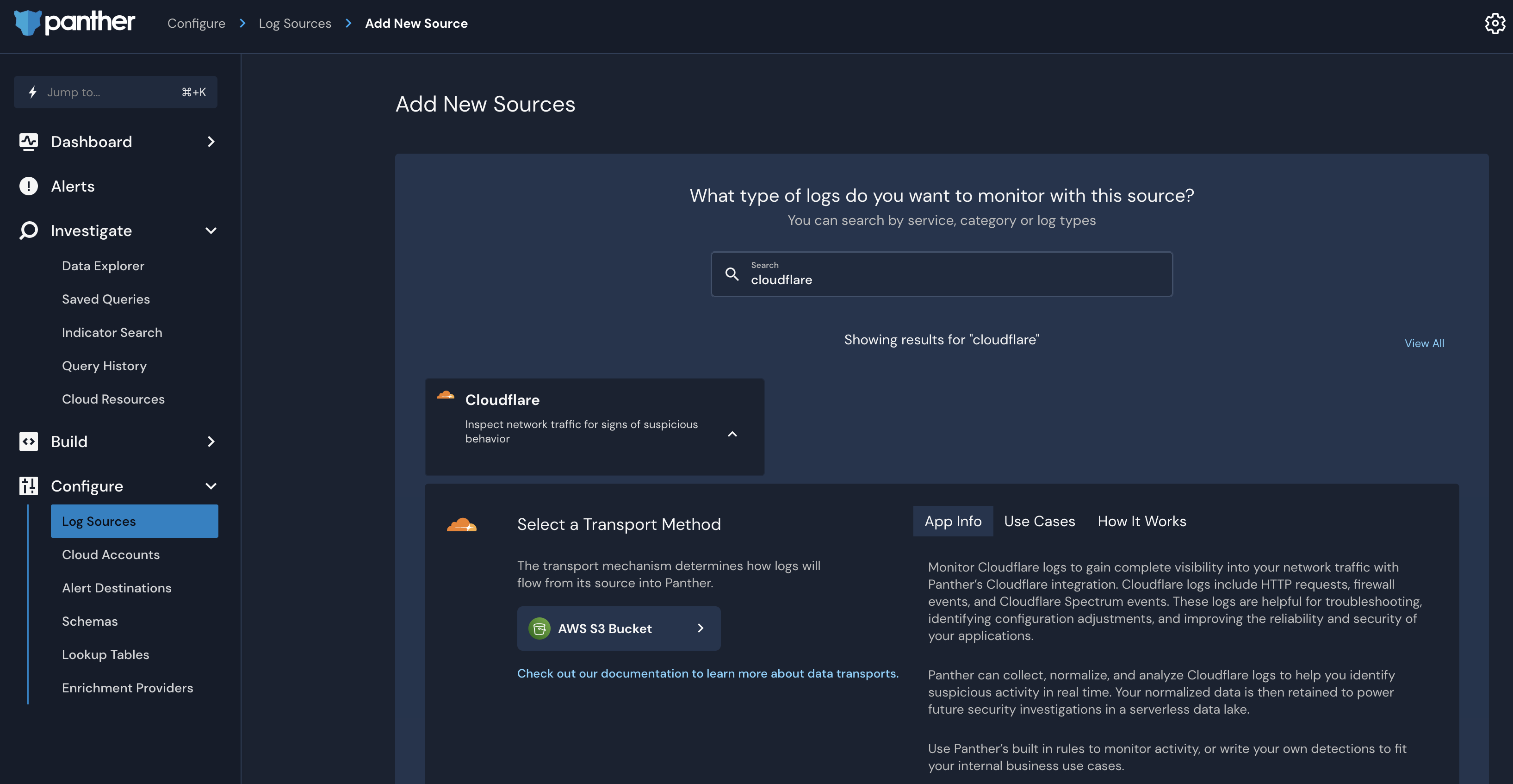 In the Panther Console, the log source page is open and "cloudflare" was typed into the search bar.