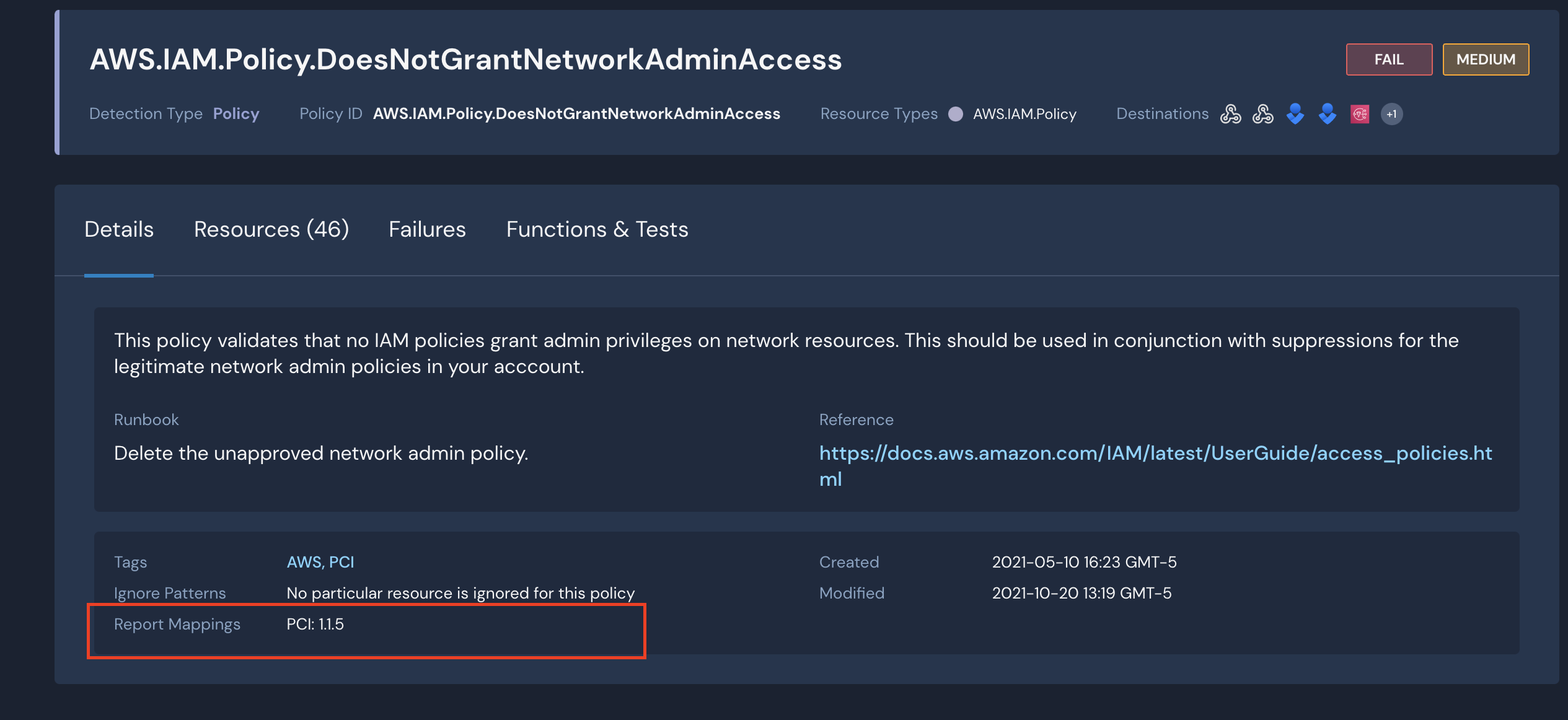 A detection's details page in the Panther Console is displayed. At the bottom of the details, the Report Mappings are listed.